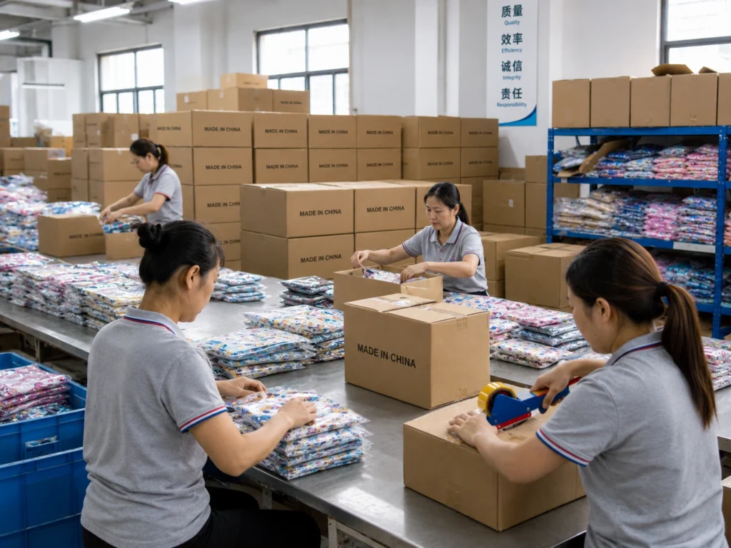 Factory workers packing reusable scrub caps for international wholesale shipment.