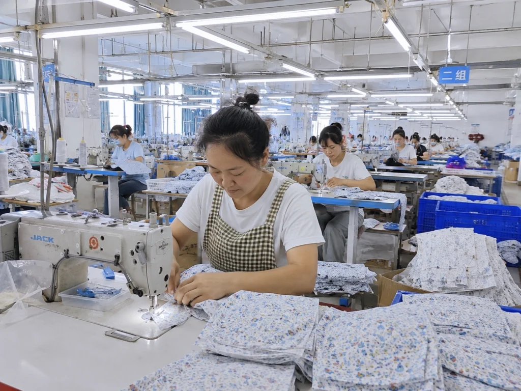 Workers sewing reusable nurse caps in a professional medical apparel manufacturing workshop in Xiangcheng, China.