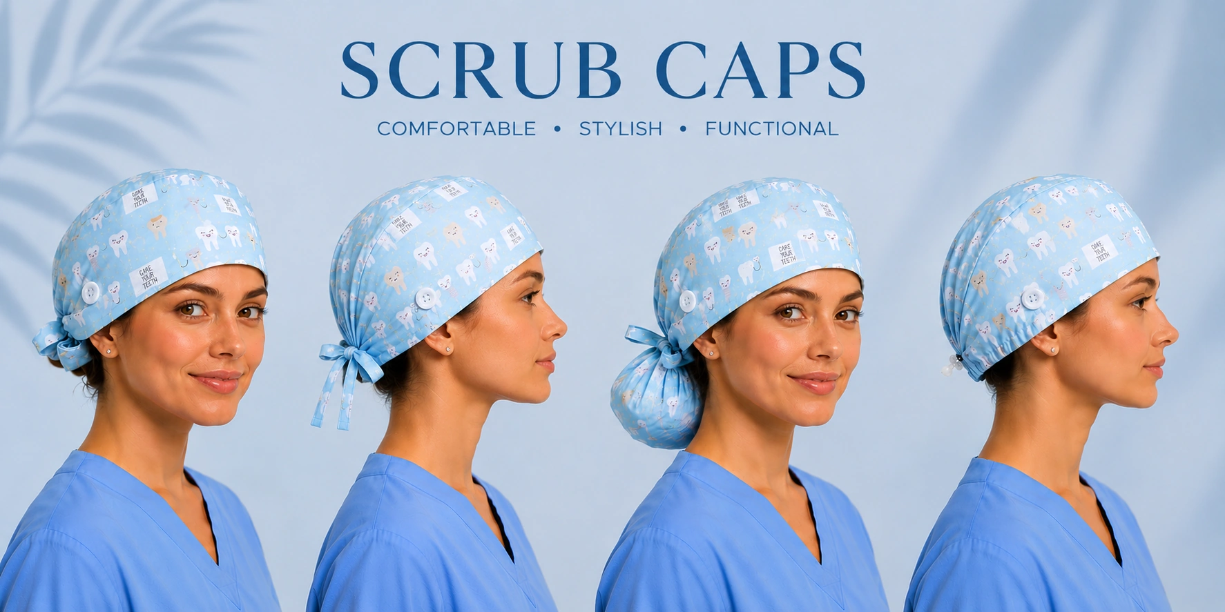 Blue Dental Print Ponytail Scrub Cap for Women with Button | Reusable Cotton Surgical Cap
