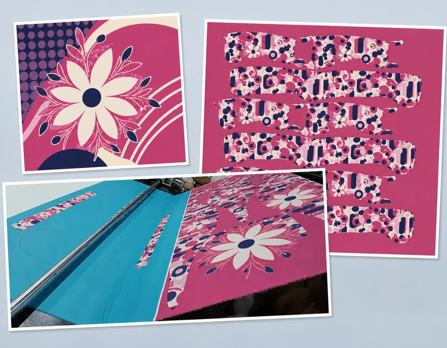 Custom scrub cap artwork, pattern layout and digital fabric cutting process