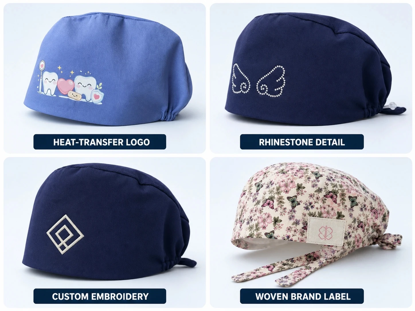 Woven and printed private labels for custom scrub caps