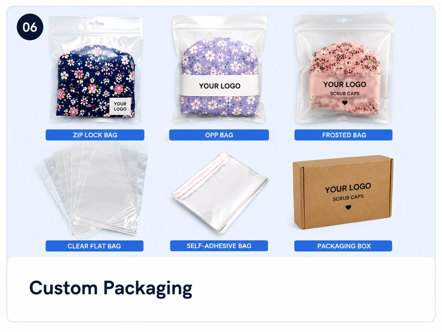 Custom bags stickers boxes and private label scrub cap packaging