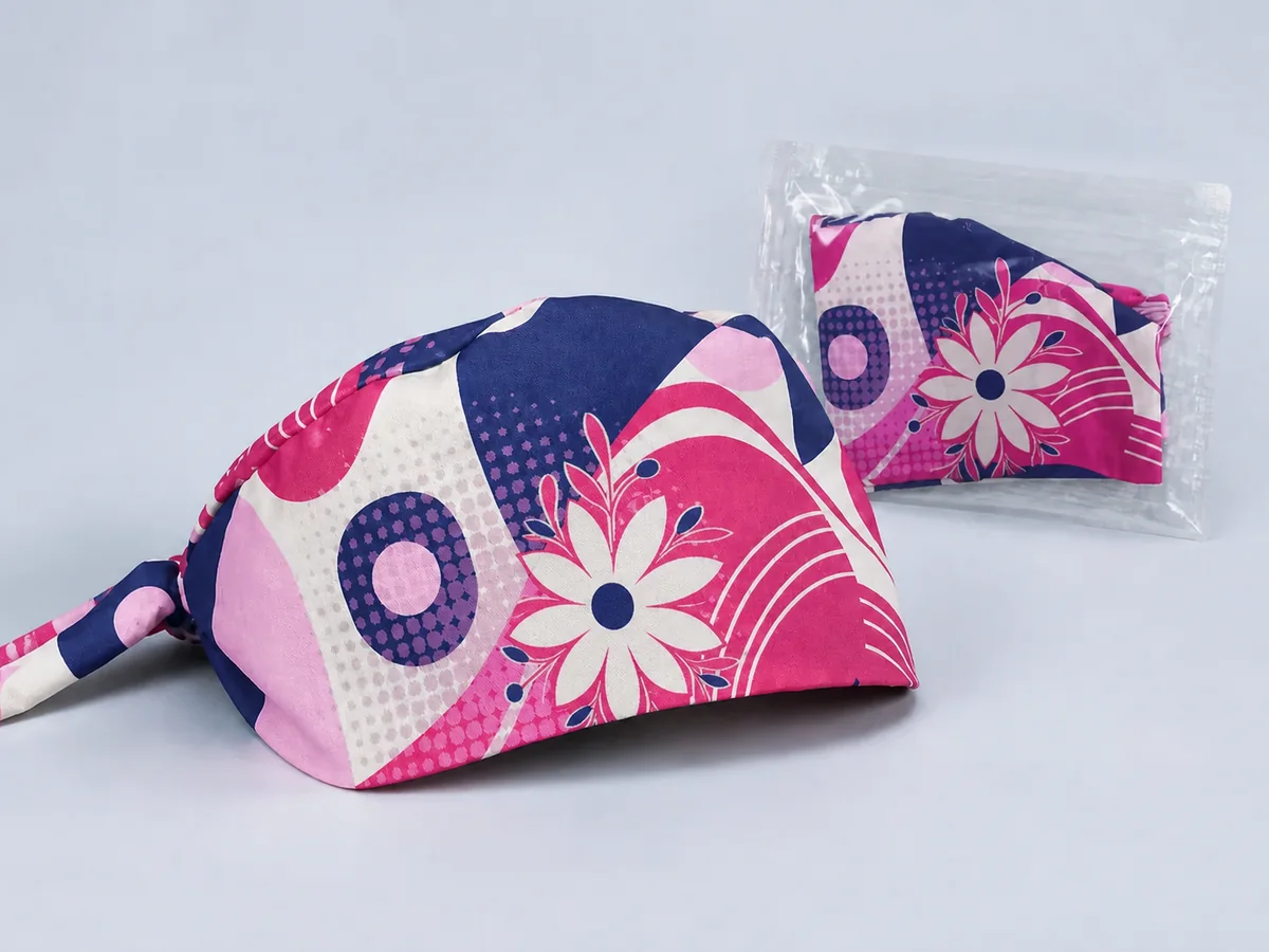 Anonymized custom print scrub cap with matching packaging for wholesale orders