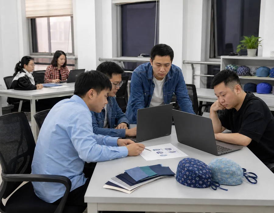 Custom scrub cap order coordination and product development team reviewing buyer requirements