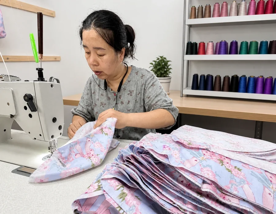 Factory worker sewing reusable printed scrub caps for wholesale orders