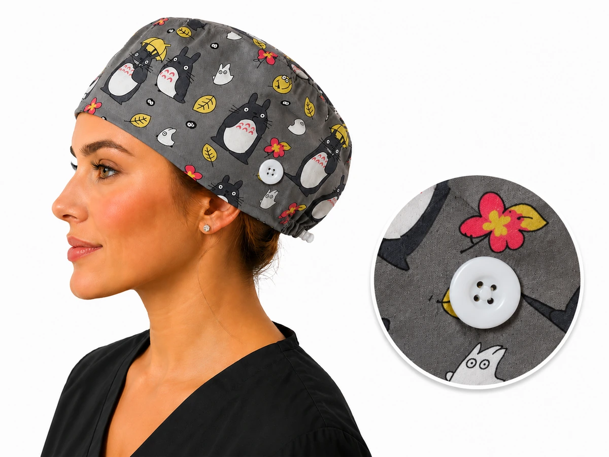 Reusable scrub caps with side buttons for holding mask ear loops