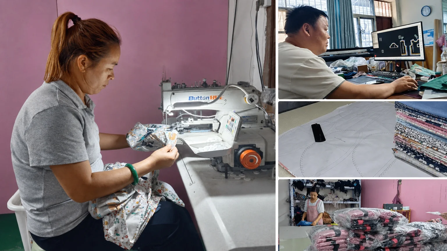 Reusable scrub cap cutting, sewing and quality inspection at our factory