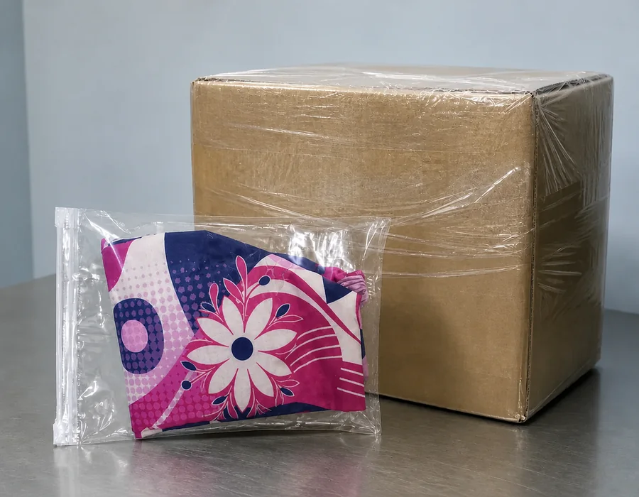 Individually packed wholesale scrub cap beside a sealed export carton